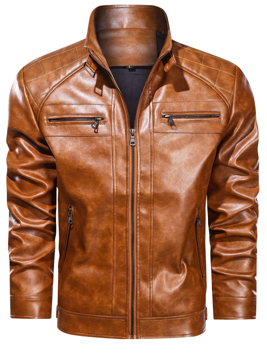 Men's Retro PU Leather Biker Jacket with Zipper Pockets