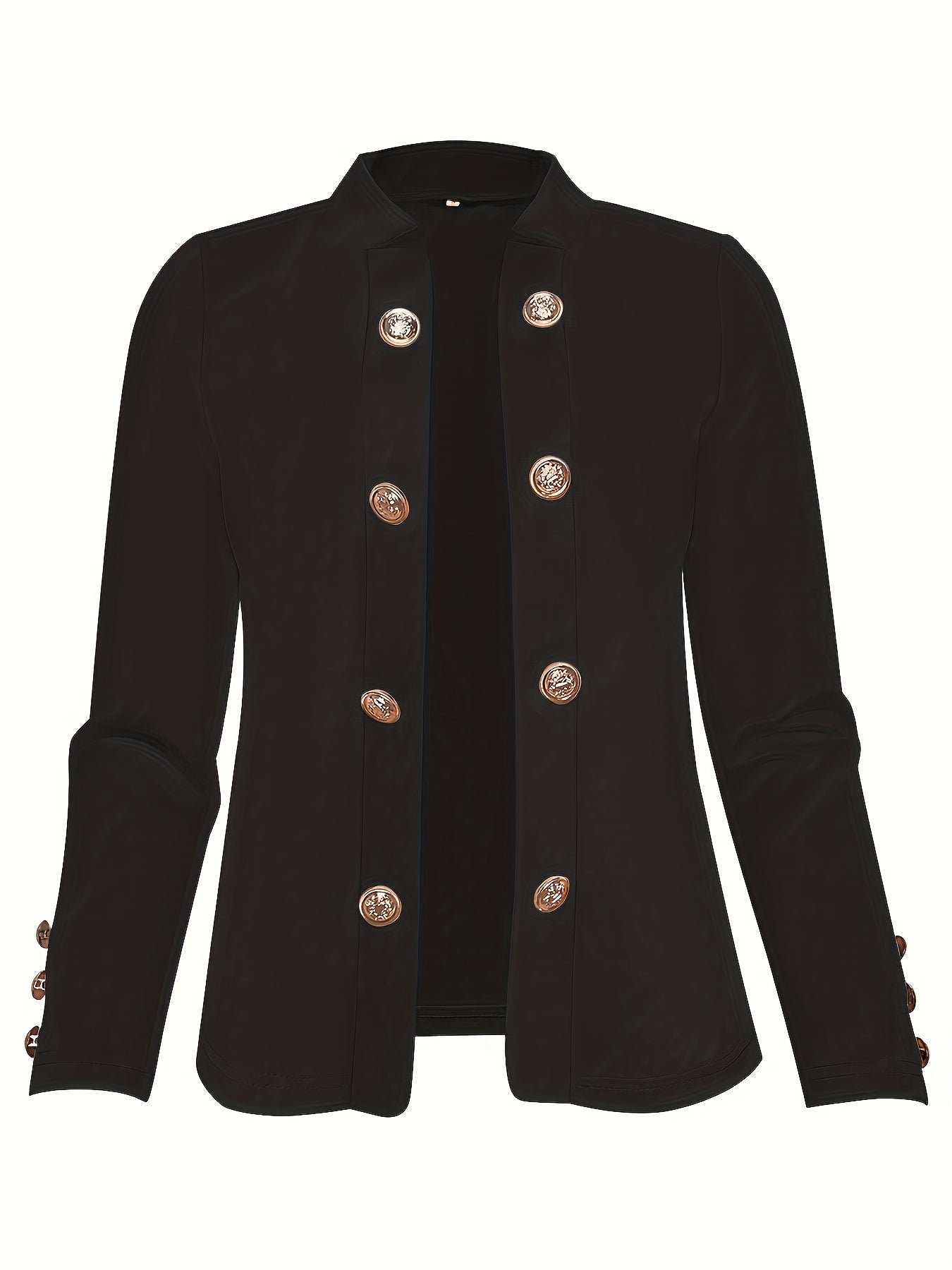 Elegant solid color women's knit jacket with double-breasted front and cuff buttons.