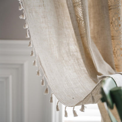 This American Farmhouse Style Curtain features a Boho Pure Linen design with decorative hollow patchwork and semi-blackout capabilities. Perfect for the living room, bedroom, bay window, dining room, kitchen, or bar, this curtain includes pocket square