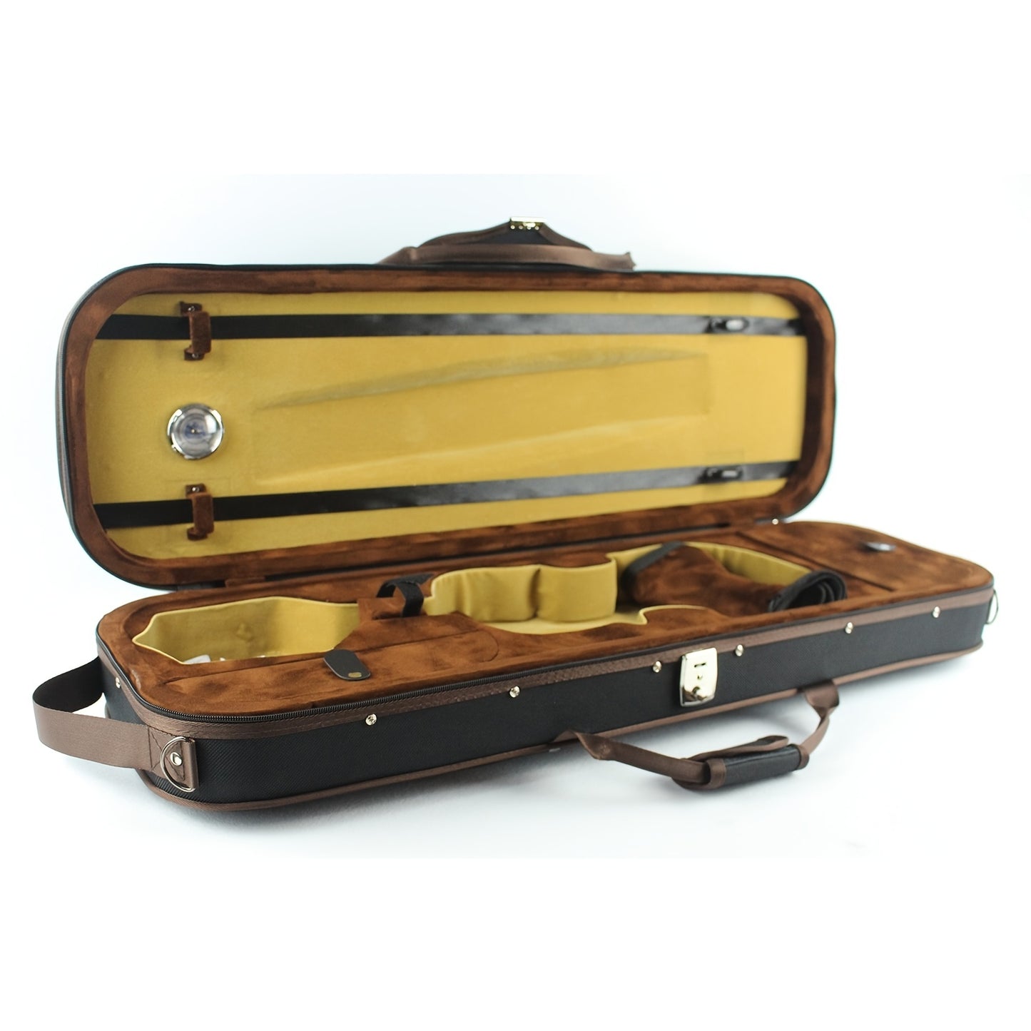 Square violin case with hygrometer and foam padding, black and gold.