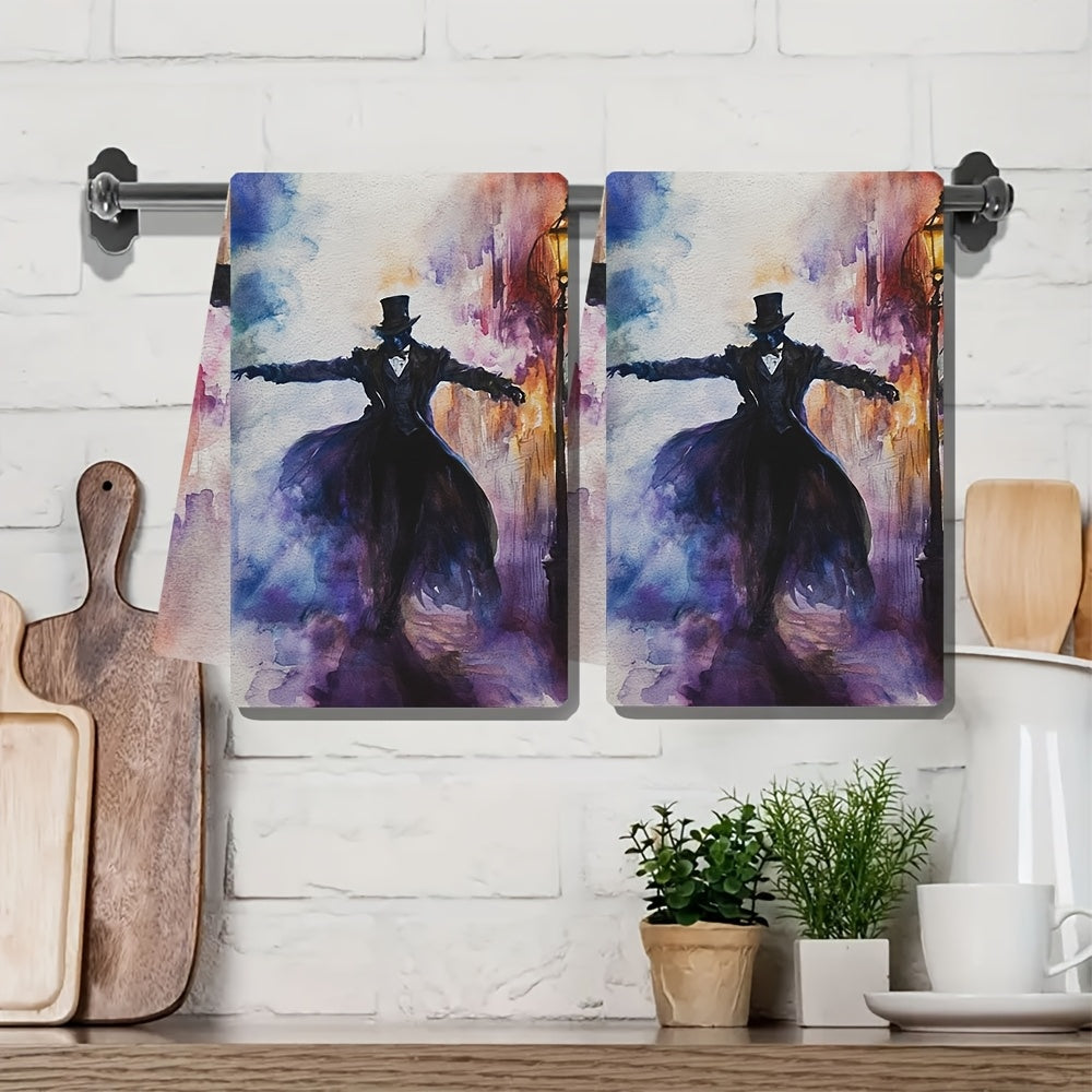 Two pieces of ultra soft kitchen towels with a Phantom of the Opera theme. These highly absorbent and machine washable dish hand towels feature a vibrant musical theatre design. Measuring 40.64x60.96 cm, they are perfect for holiday decor and are great