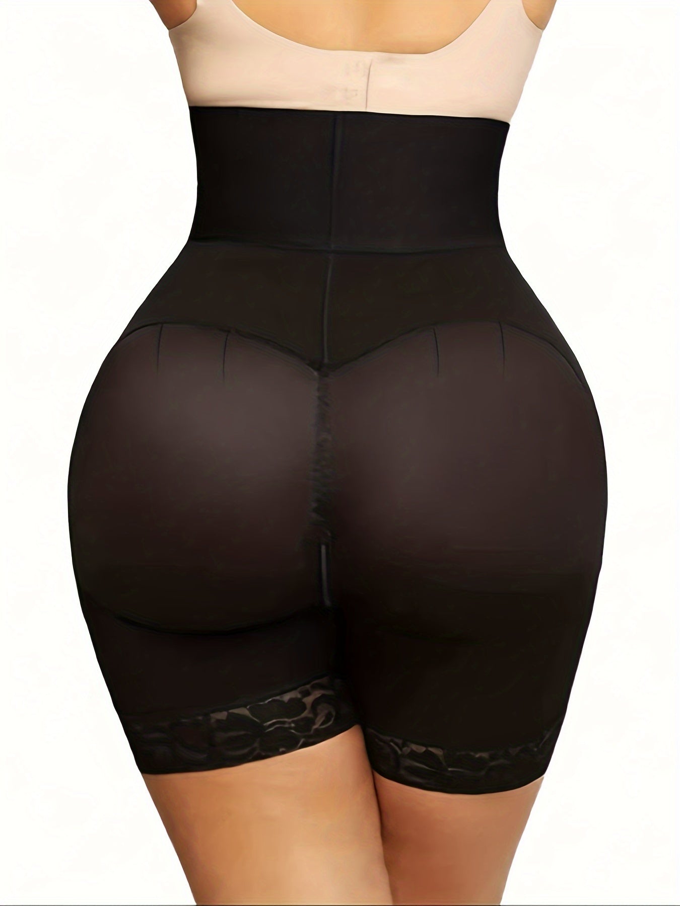 Buckle high waist shapewear with lace edges and leg shorts for belly and hip lift.