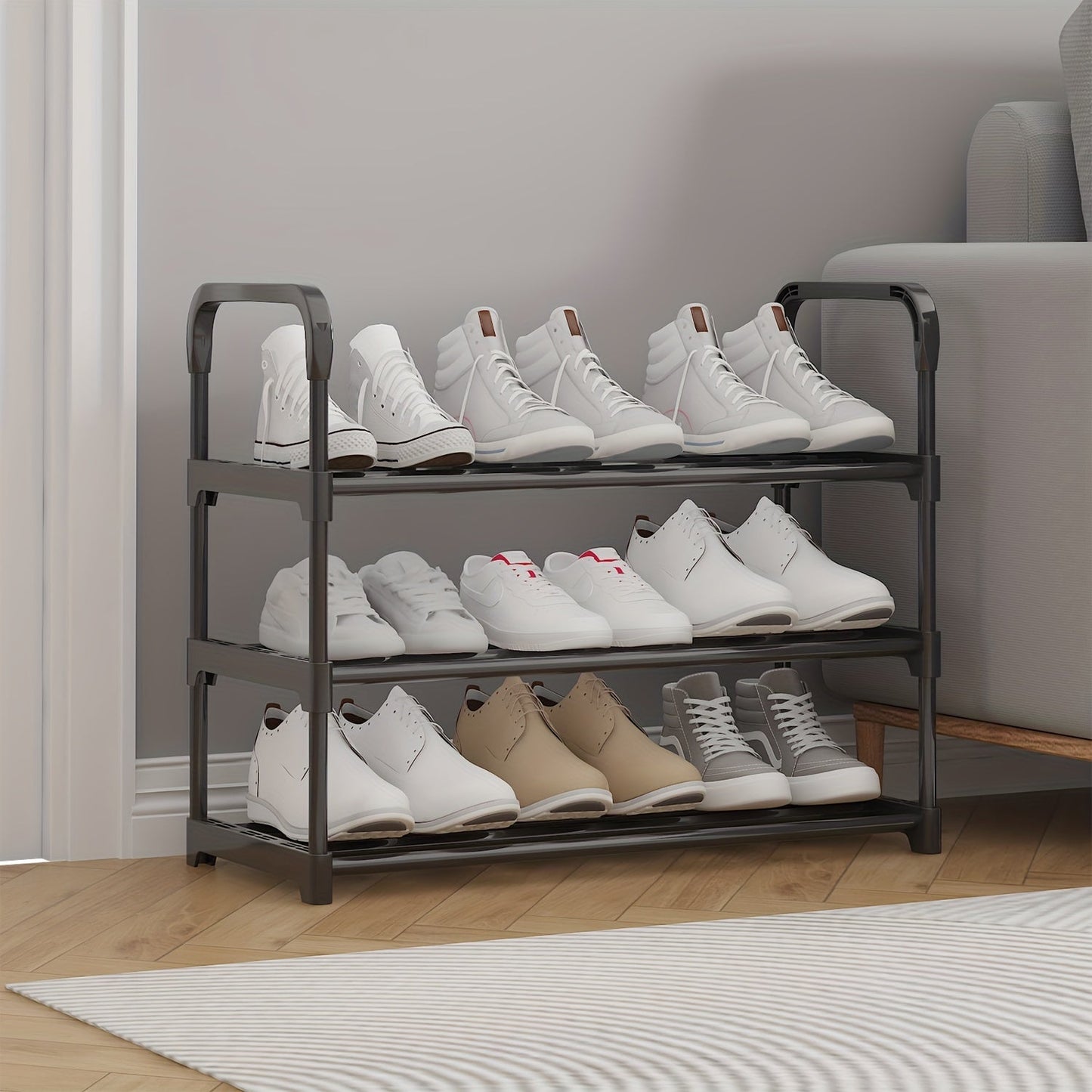 Durable 3-Tier Metal and Plastic Shoe Rack - Enhanced Strength and Stability, Simple to Assemble, Spacious Storage for Entryway and Living Room, Accommodates Different Shoe Styles, Shoe Organizer with Multiple Layers