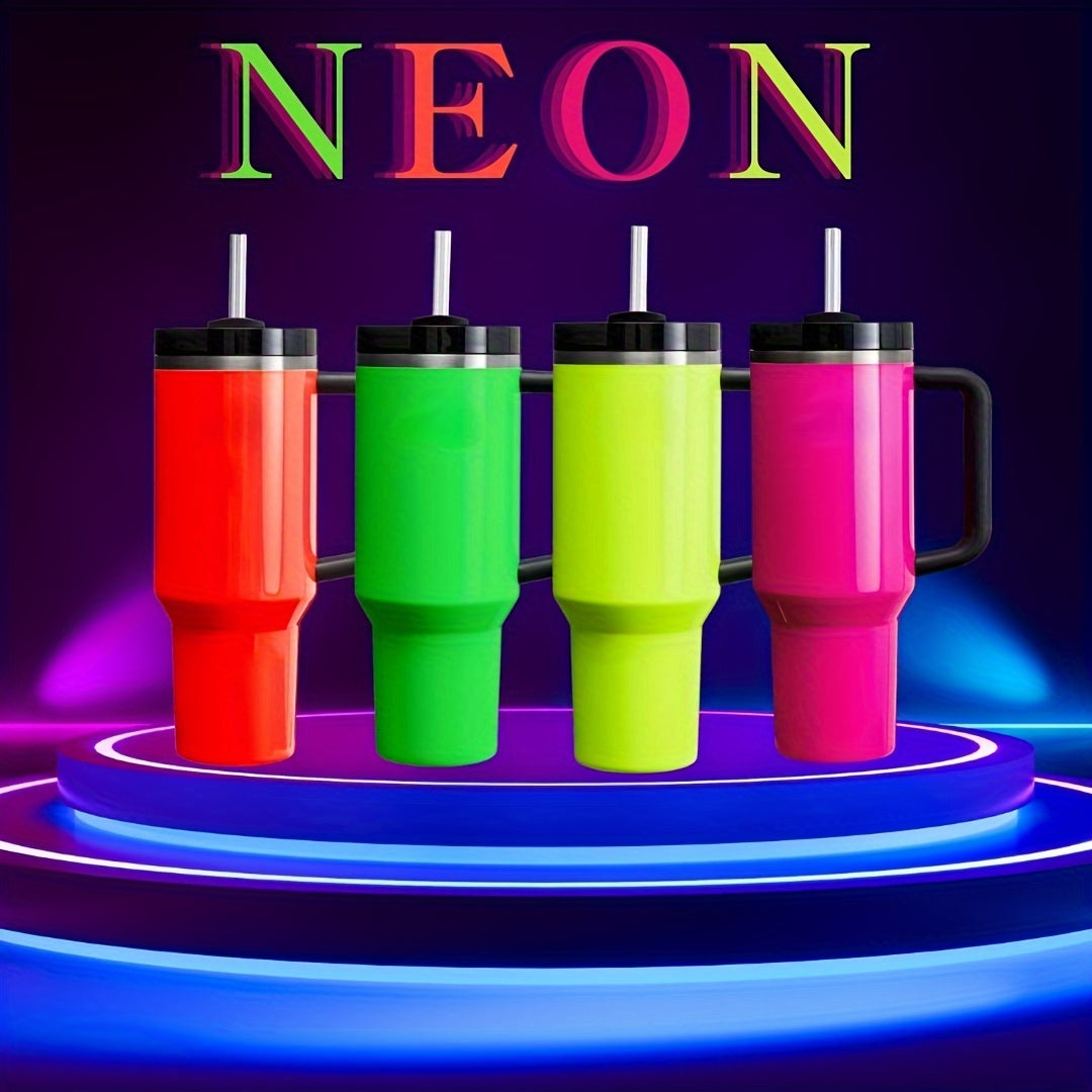 Neon stainless steel tumbler with straw & handle, 40oz - Insulated, BPA-free for outdoor activities, travel, & parties - Stylish colors