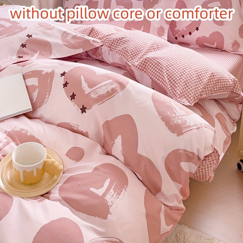 4-piece Pink Heart Print Valentine's Day Duvet Cover Set, includes Duvet Cover, Flat Sheet, and 2 Pillowcases. Skin-friendly and suitable for all seasons. Perfect for bedroom or guest room.