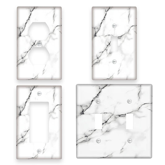 Marble print switch plate cover in white and gray, easy to clean, no electricity required, perfect for bedroom and bathroom walls.