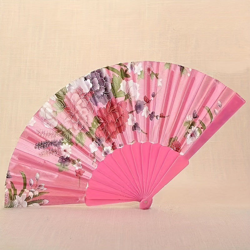 Silk fabric foldable fan for women - suitable for dancing, gifting, square dancing, or as an antique fan - made of high-quality plastic material.