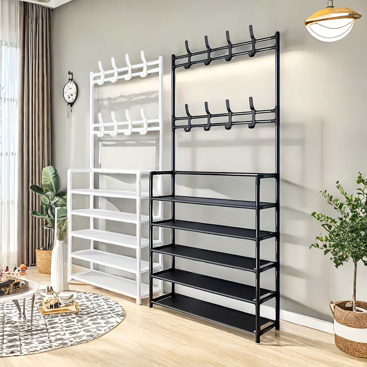 Metal entryway storage rack with shoe shelves, tier organizer, removable hooks, coat and hat stand for front door entry, for clothing, shoes, hats, bags, and umbrellas - in white and black.