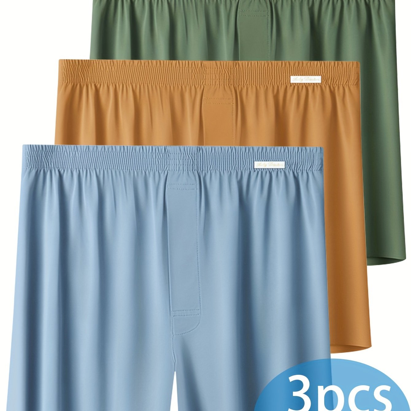 3 Men's Ice Silky Boxer Shorts in Olive Green, Orange & Light Blue, Ideal for Summer Sports & Casual Wear, Soft, Seamless, Breathable & Loose Fit, Knitted Stretchy Fabric.