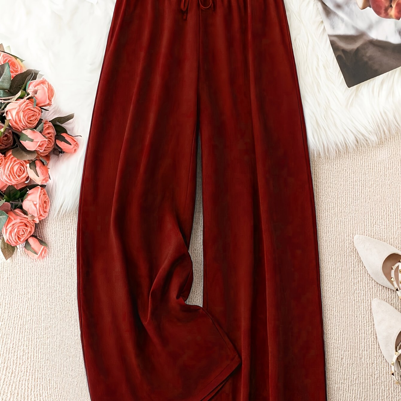 Plus size casual wide leg pants made of 100% polyester in a solid color. Features a straight cut, non-stretch fabric, suitable for all seasons.