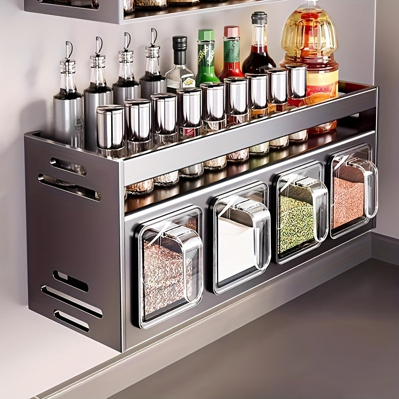 Wall-Mounted Spice Organizer Set with Seasoning Containers & Canisters, Aluminum Material, No-Drill Installation