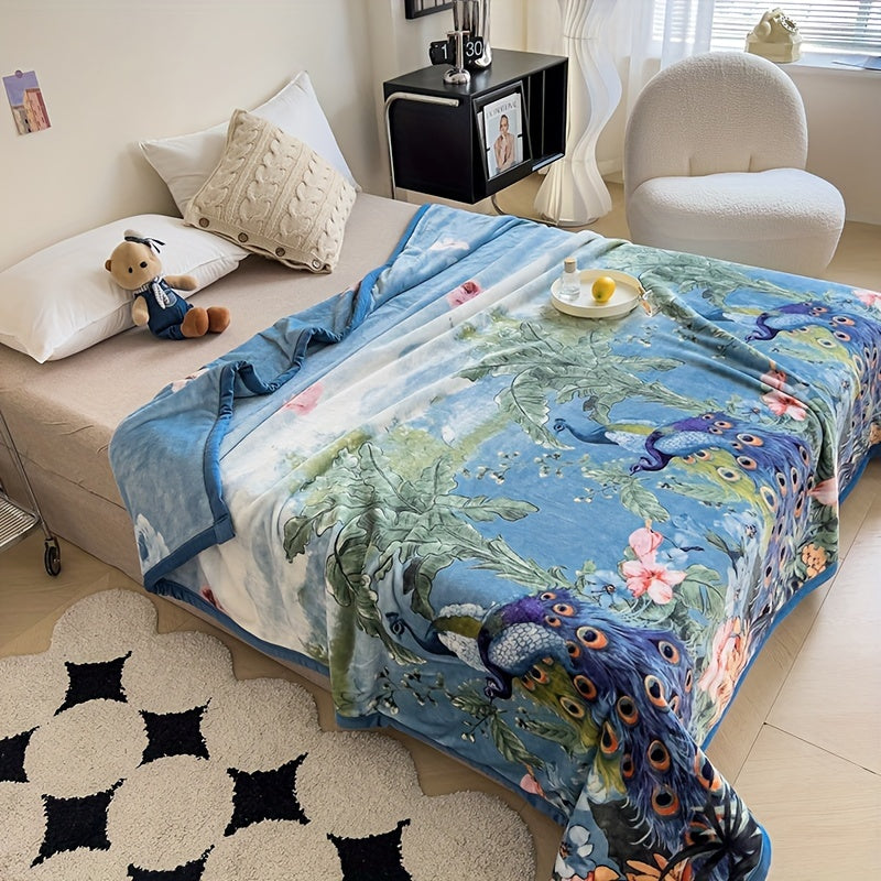 Ultra-soft Luxurious Peacock and Floral Coral Fleece Throw Blanket made from thick milk velvet for cozy naps, office use, and year-round warmth.