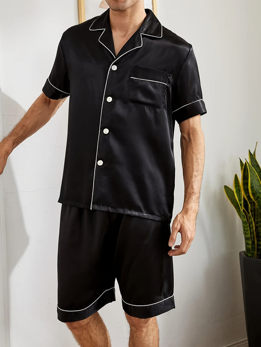 Men's casual solid color pajama set featuring a short sleeve button-up top and shorts. Made of a breathable polyester blend, machine washable. Perfect for spring/summer, leisure style.