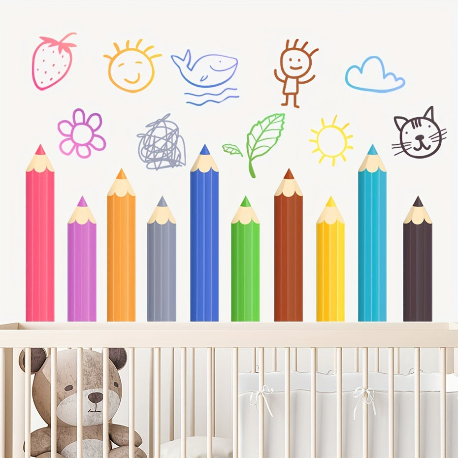 Playful cartoon wall stickers featuring school supplies for kids' rooms.