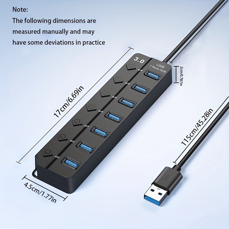 LED ko'rsatkichlari, yoqish/o'chirish tugmalari, kengaytma kabeli bilan birga keladigan Kompakt 7-portli USB 3.0 hub - Yuqori tezlikda ma'lumot uzatish, turli qurilmalar uchun portativ dizayn - Qora