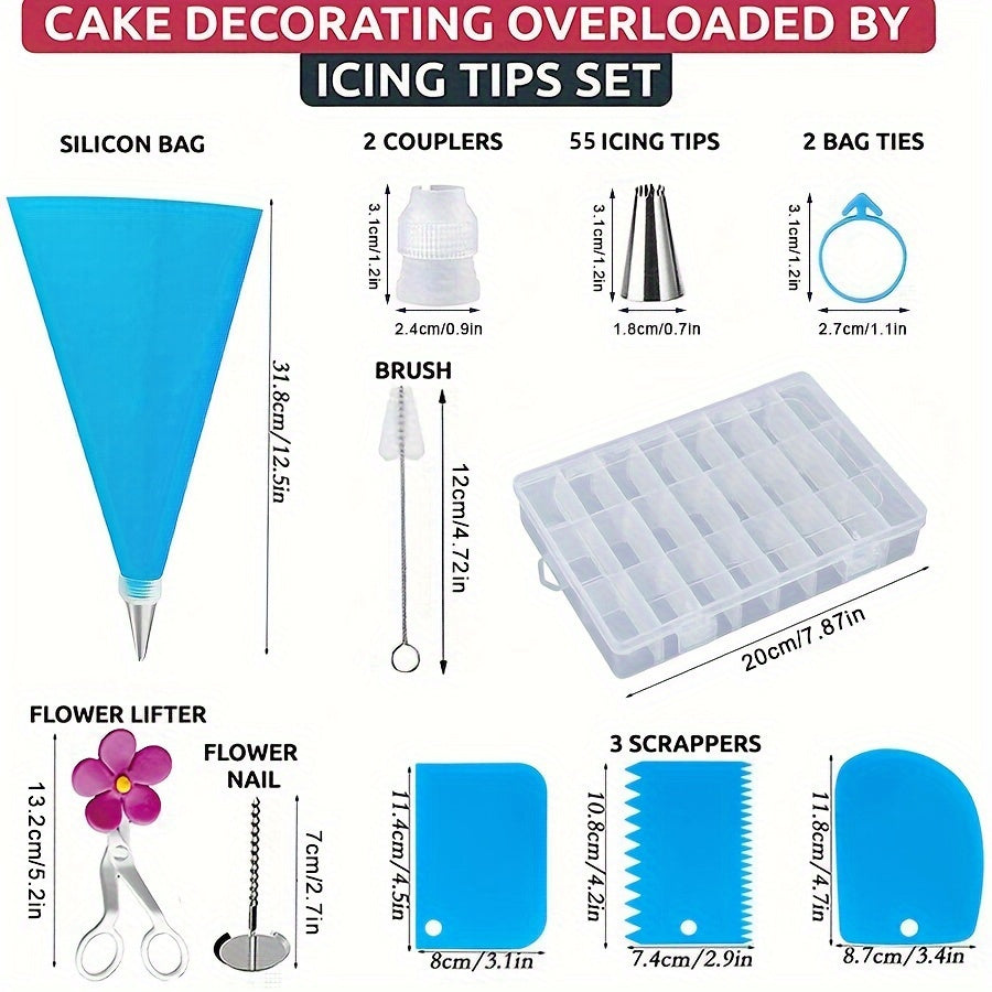 This Cake Decoration Baking Tool Set features 116 pieces, with a variety of piping tips, piping bags, cake scrapers, and more, all conveniently stored in a handy storage box. Ideal for creating beautifully decorated cream cakes, biscuits, cookies, bread