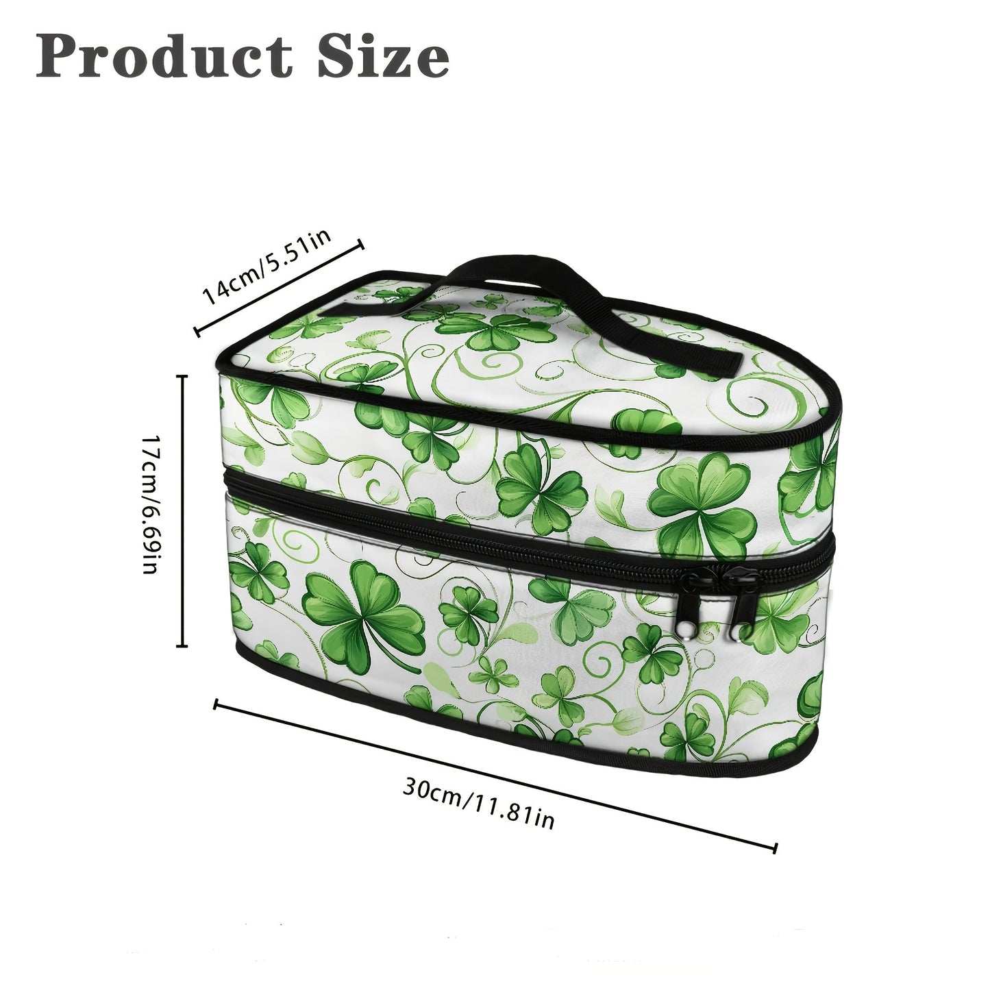 Portable ironing bag with St. Patrick's Day cloverleaf design, perfect for travel or storage. Features top handle and double zipper for easy access. Made of polyester material, dust proof. Ideal holiday gift for anyone in need of a stylish accessory.