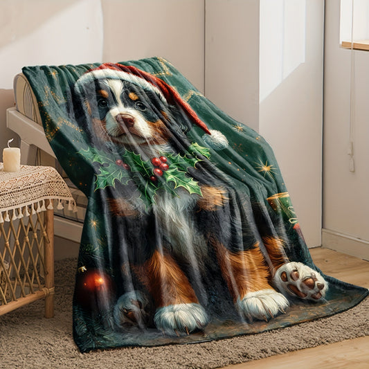 Fluffy Christmas Dog Flannel Fleece Throw Blanket - Perfect for Sofa, Bed, or Office - Durable, Mixed Colors, Polyester Material, Suitable for All Seasons - Easy to Clean in Washing Machine - Versatile and Hypoallergenic - Features Digital Print Design -