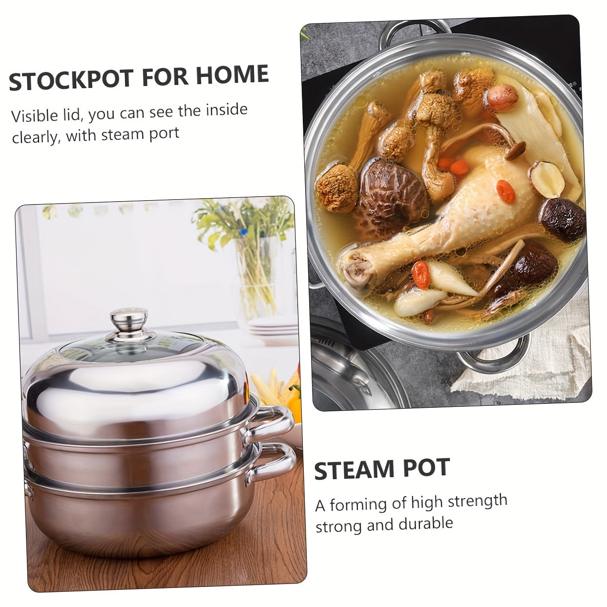 Durable Stackable Stainless Steel Cookware Set with Non-Stick Finish, Bakelite Handles, Visible Glass Lid, and Multiple Layers