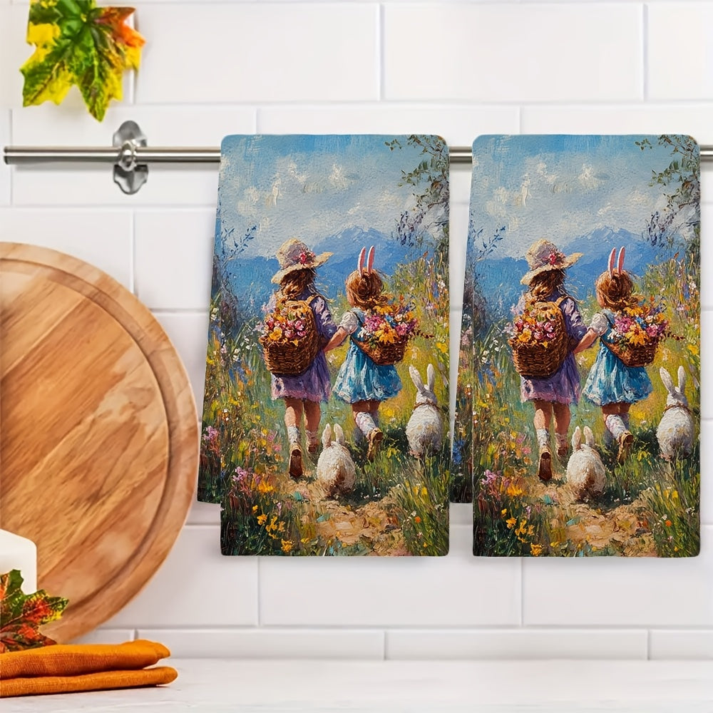 Set of 2 Ultra Soft Kitchen Towels, Perfect for the Easter egg hunt and showcasing the treasures of love in an oil painting style. These highly absorbent dish hand towels are ideal for holiday decor. Machine washable and measuring 16x24 inches each. Item