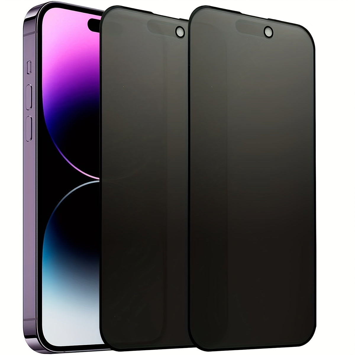 Two-pack of privacy tempered glass screen protectors for various iPhone models, featuring anti-scratch, glossy surface, and anti-peep technology.