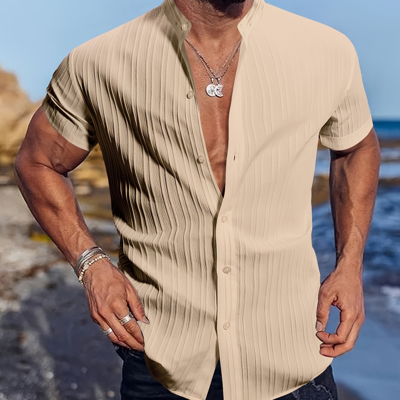 Men's summer casual short sleeve shirt with solid color stripes, made of breathable polyester. Features a stand collar, pocket detail, and a regular fit for weekend leisure and beach