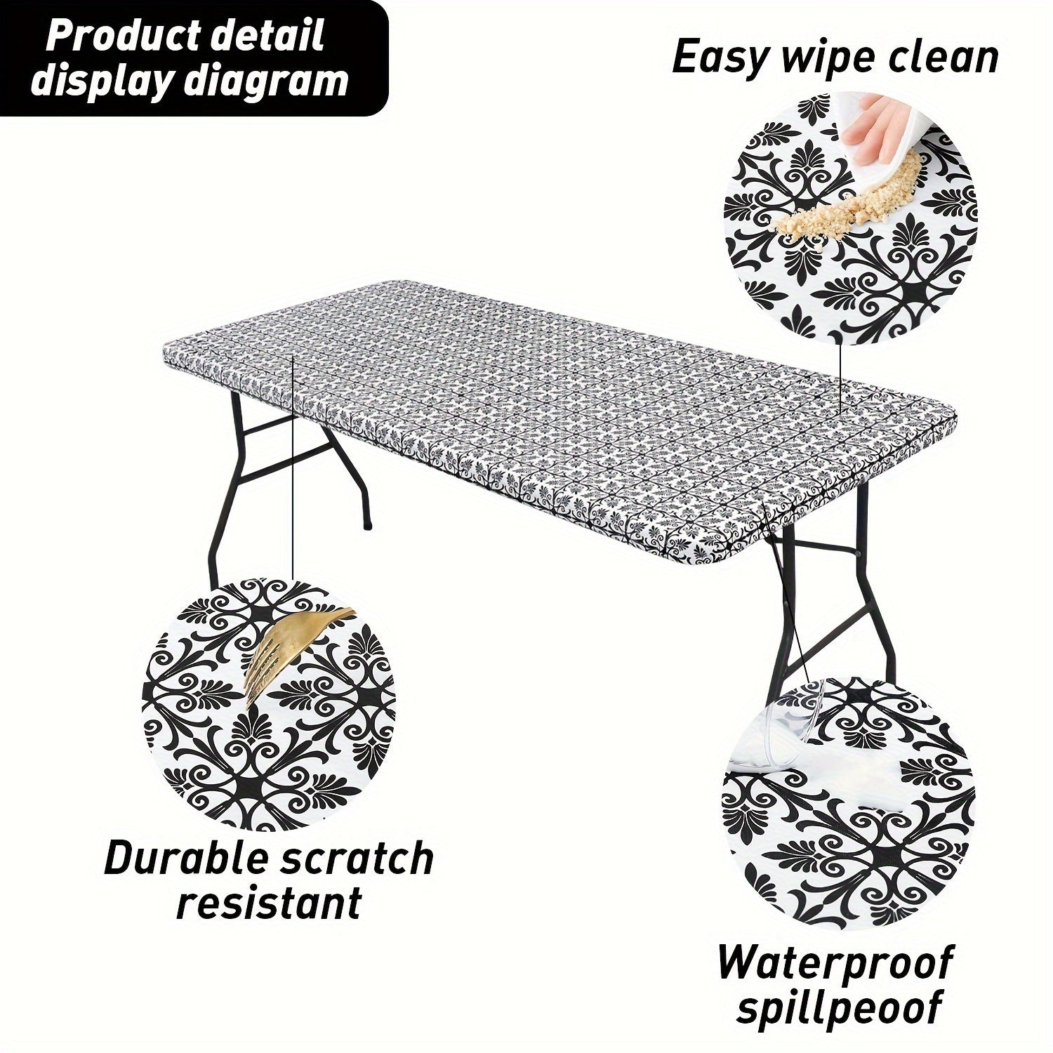 One piece of baroque tablecloth with elastic fitted flannel backing, waterproof plastic material suitable for picnics, camping, and outdoor activities.