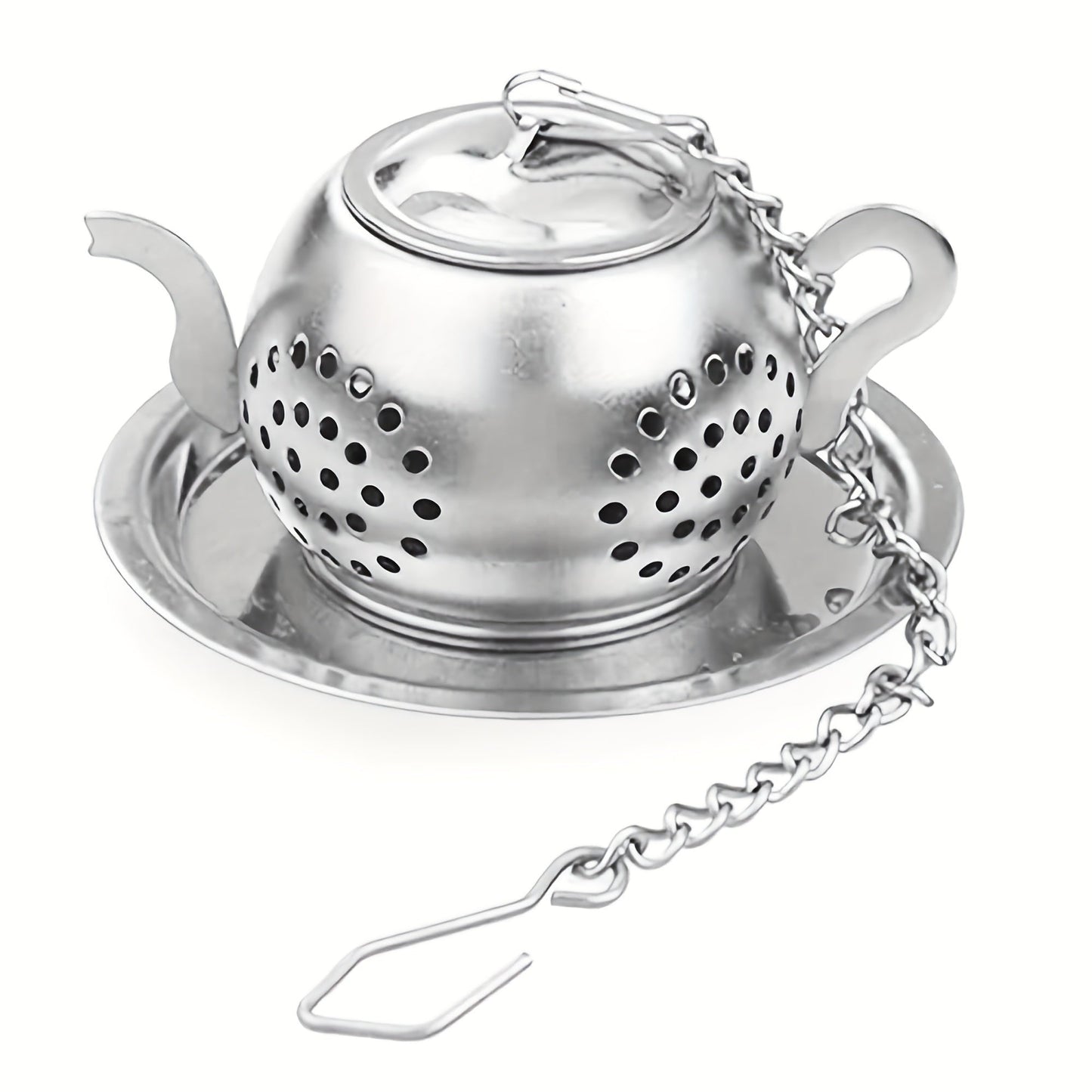 Set of 1 Stainless Steel Teapot-Shaped Tea Infuser with Saucer - Reusable Fine Mesh Filter for Loose Leaf Tea - Strong Tea Steeper with Chain and Drip Tray