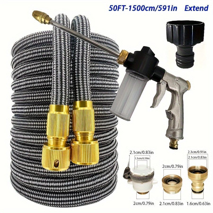 Expandable, high-pressure spray gun hose with adjustable nozzle for efficient car cleaning and garden irrigation. Durable gray and black striped pipe, 15m in length.