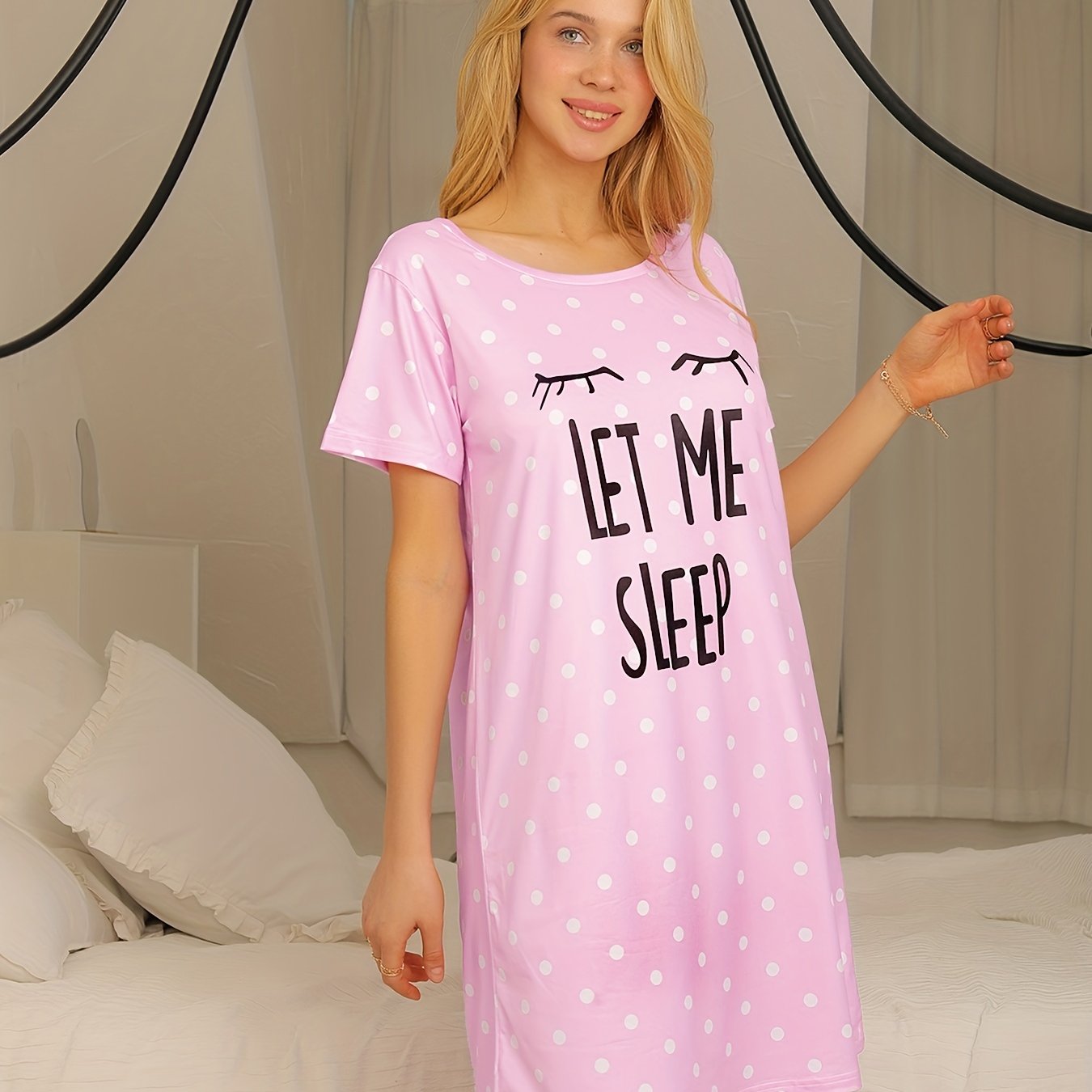 2023 Pink Polka Dot Women's Nightgown - Short Sleeve, Round Neck, Soft Polyester & Elastane Blend, Machine Washable Summer Sleep Dress