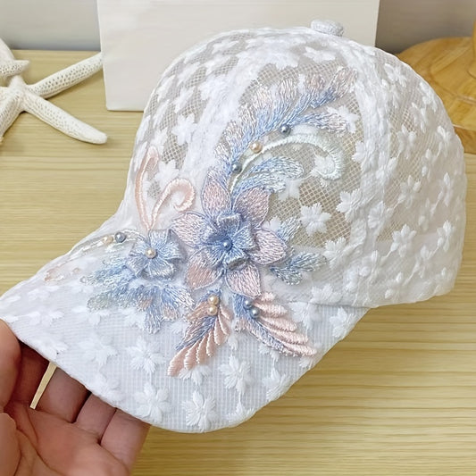 Flower Embroidery Mesh Trucker Hat with Faux Pearl Decor and Elegant Lace for Women