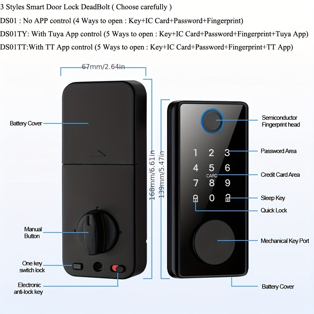 3 Styles Smart Door Lock DeadBolt with TT/Tuya APP Control, Biometric & Key Card/Key Entry, 4-in-1 Unlocking.