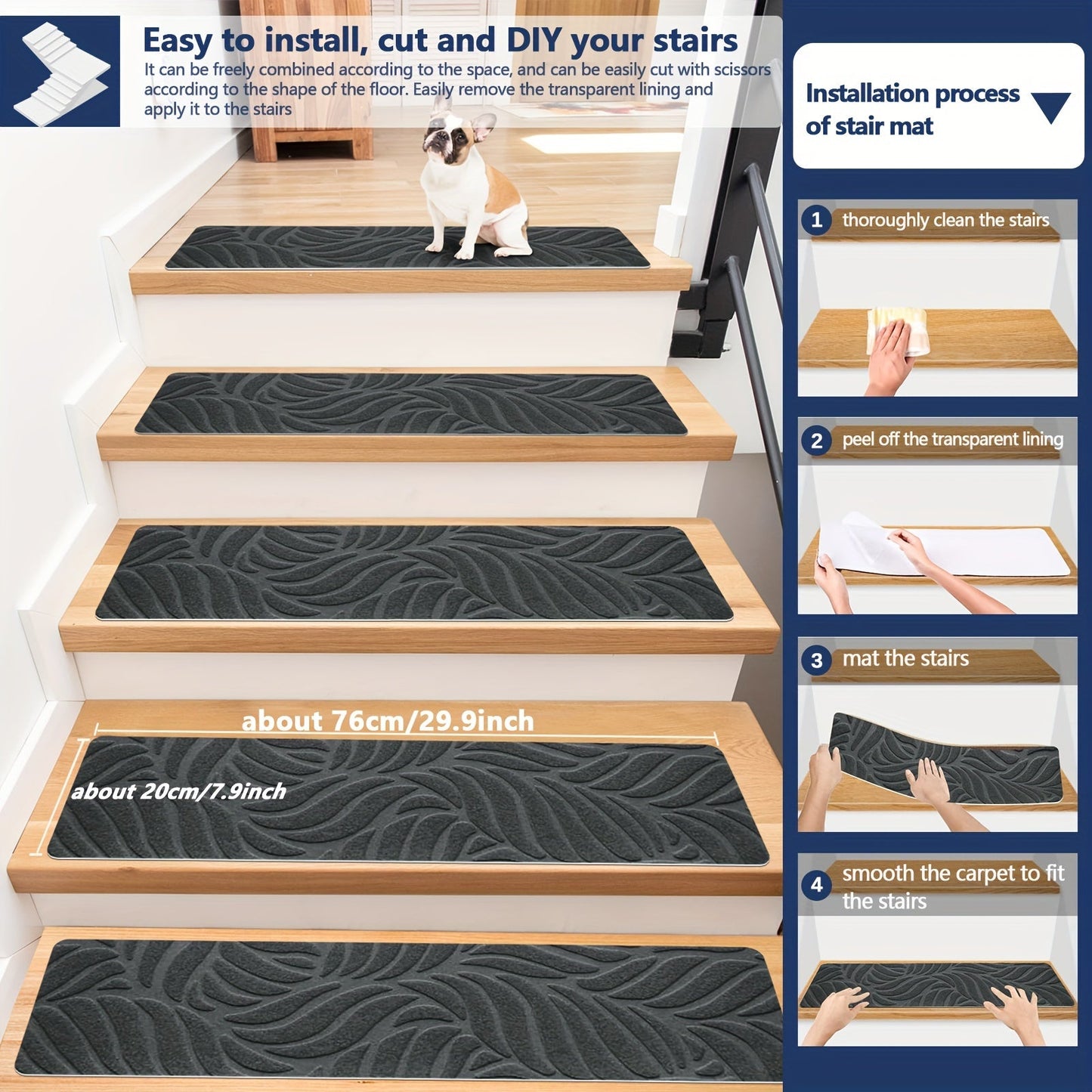 15 pieces of carpet stair treads by JAYFAN, designed for wood steps with non-slip features to provide safety for both pets and humans. These indoor stair treads are washable and reusable, making them a practical choice for any staircase.