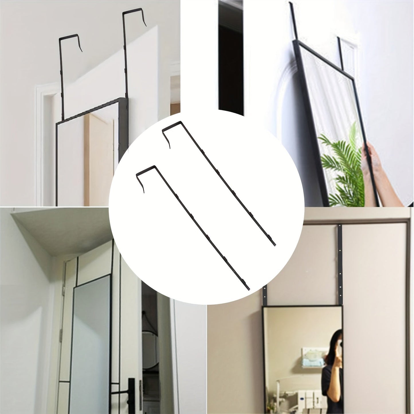 Elegantly Black Adjustable Mirror Hanger Set for Over-the-Door Installation - Sturdy Iron Material, Simple to Install, Holds Up to 9.07KG, Compatible with Most Doors (4.32cm)