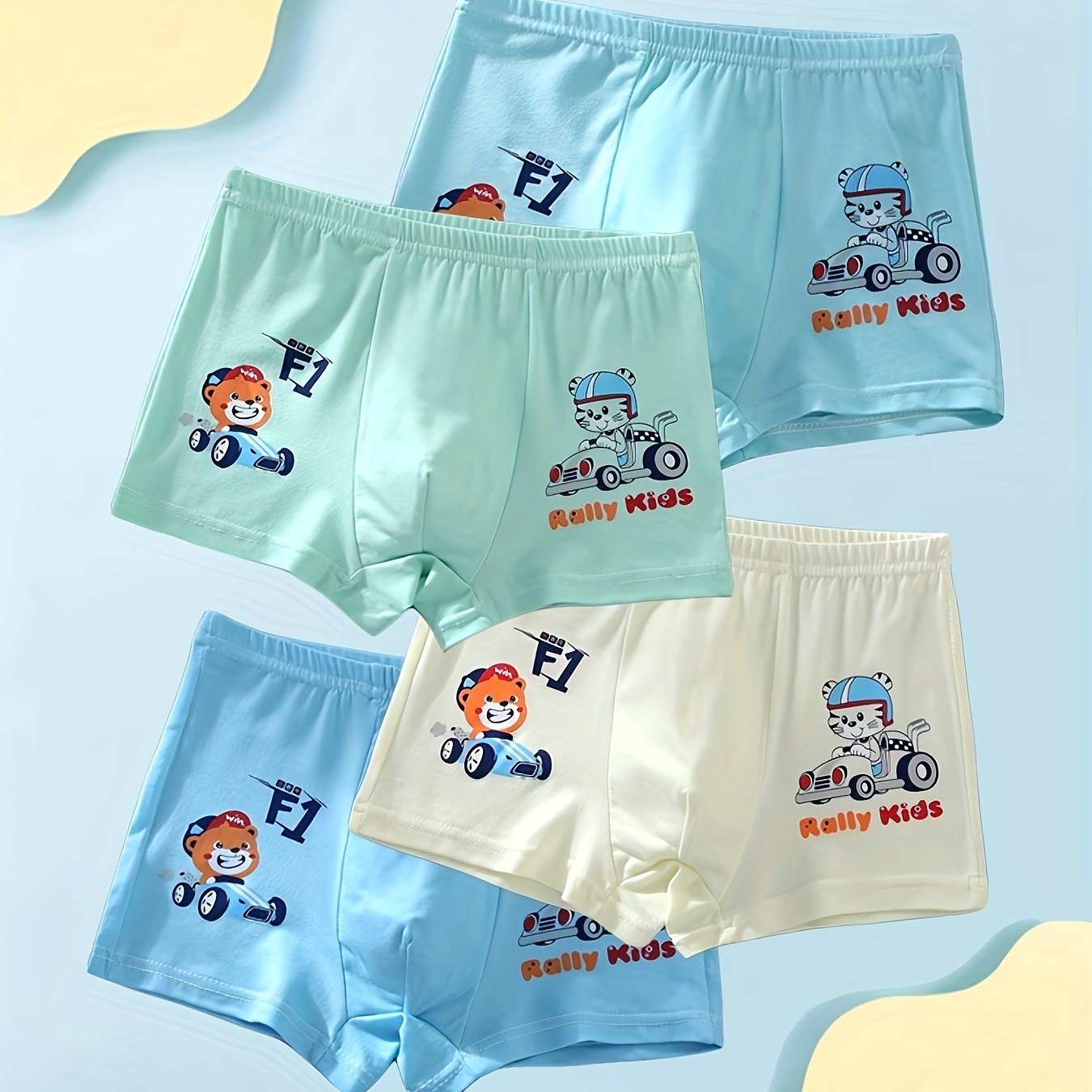 4-Pack of boys' cartoon racing pattern boxer briefs made of comfortable and breathable polyester knit fabric. Features elastic waistband and regular fit perfect for active boys in sports