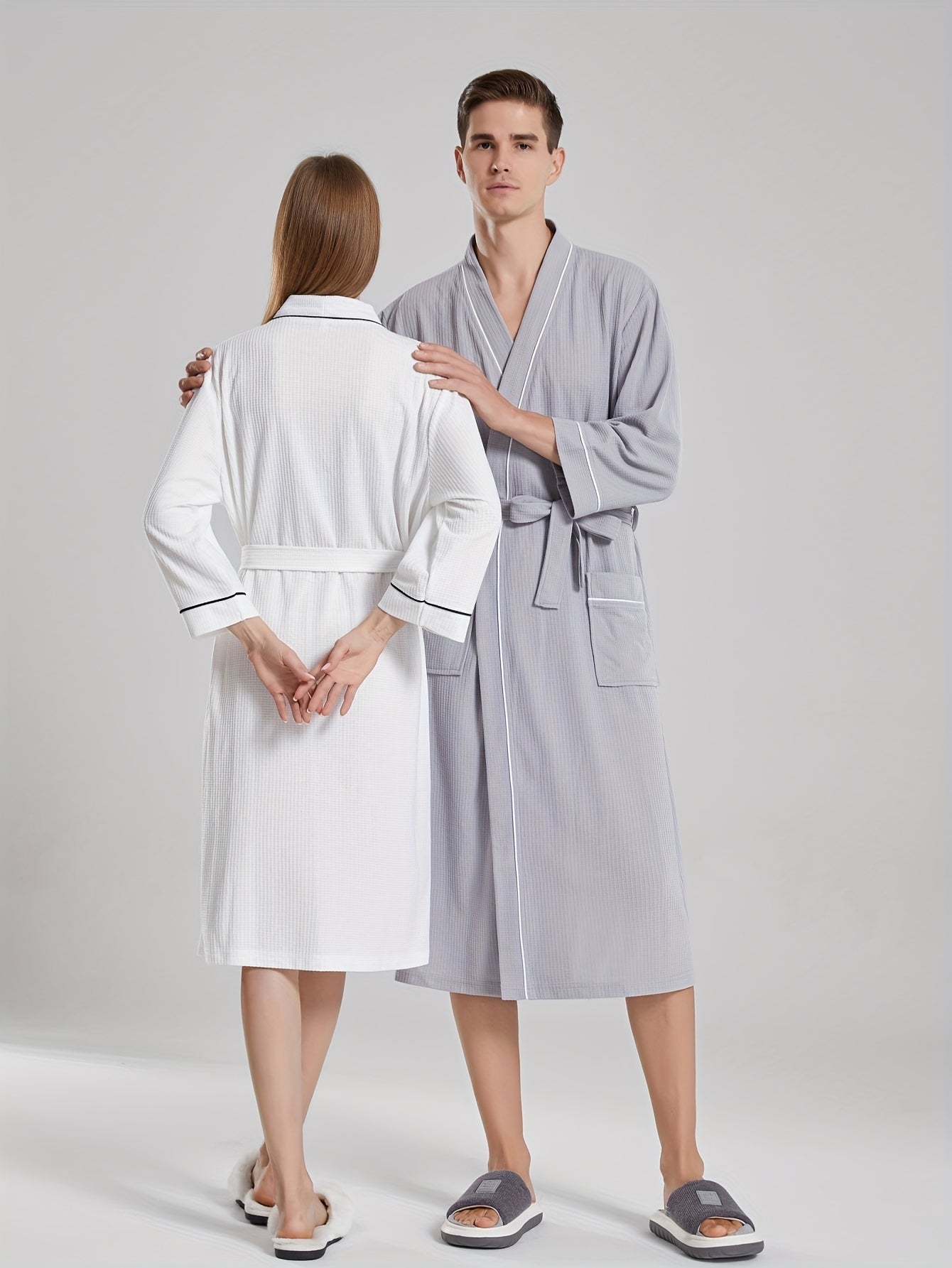 Unisex Japanese-style bathrobe with waffle weave, pockets, and belt for all-season comfort.