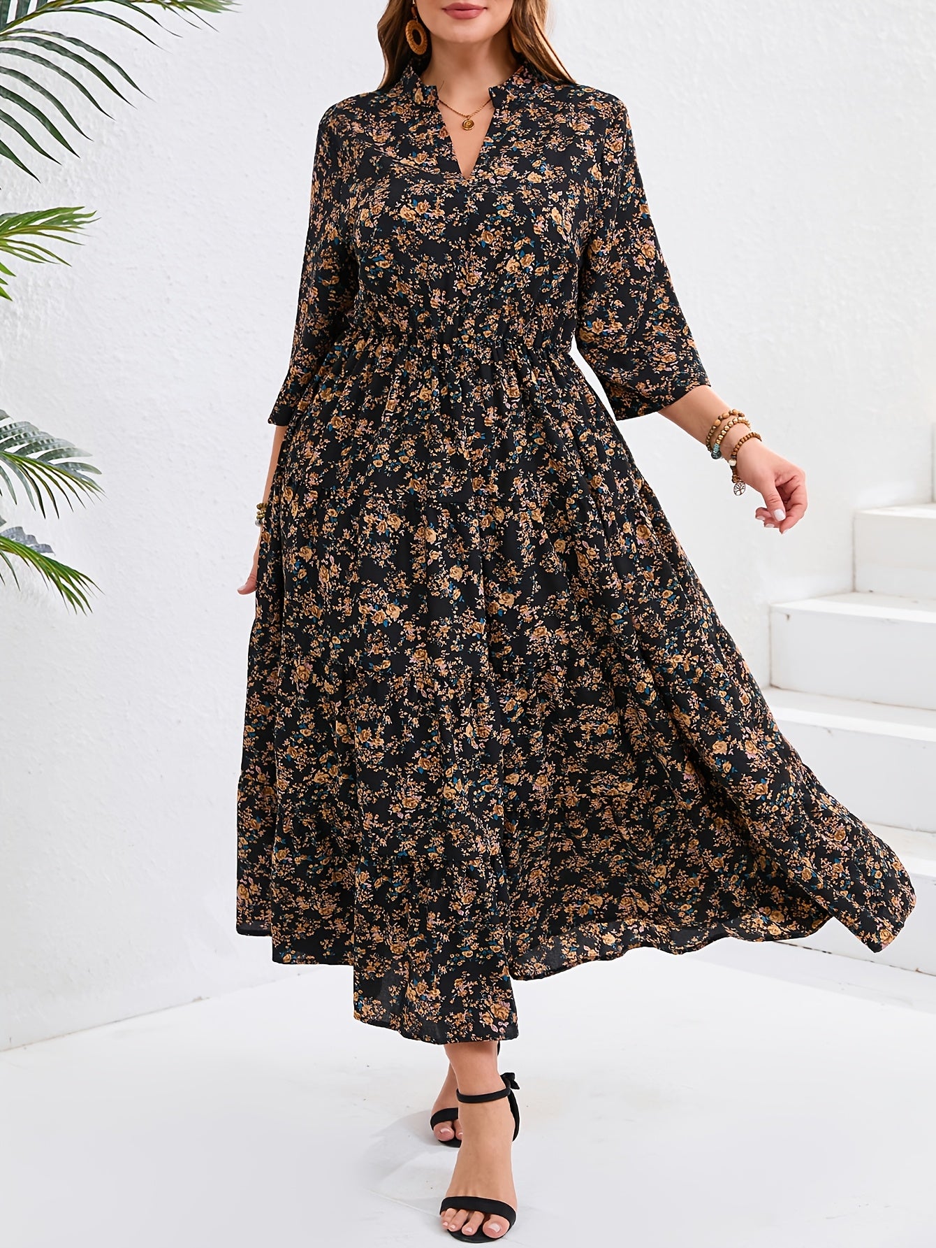 Elegant floral print V-neck midi dress with peplum hem in non-stretch polyester fabric. All-season versatile style.