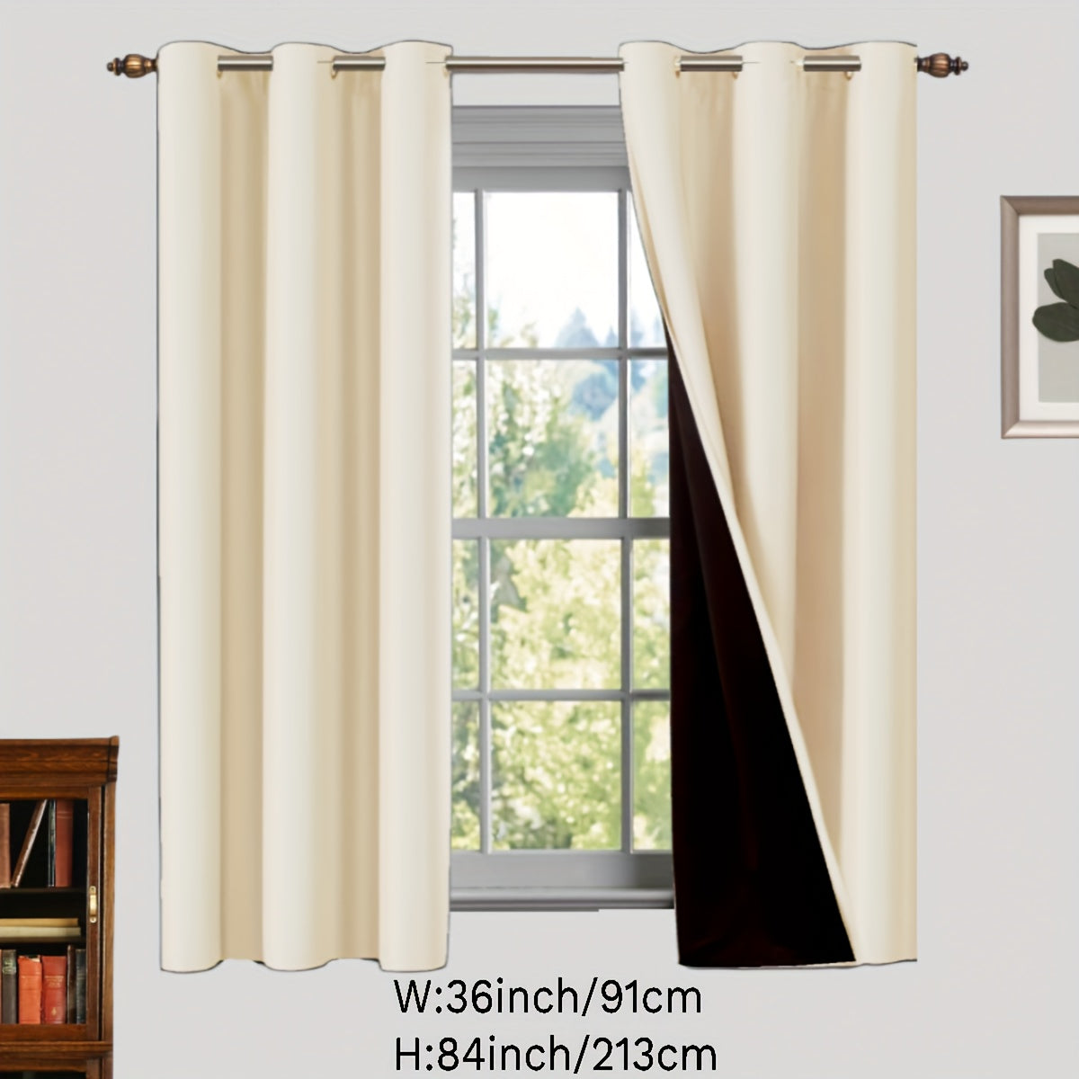 Two pieces of 100% blackout curtains made from polyester, coated and insulated with a grommet top design. Perfect for bedroom, living room, and home decor.