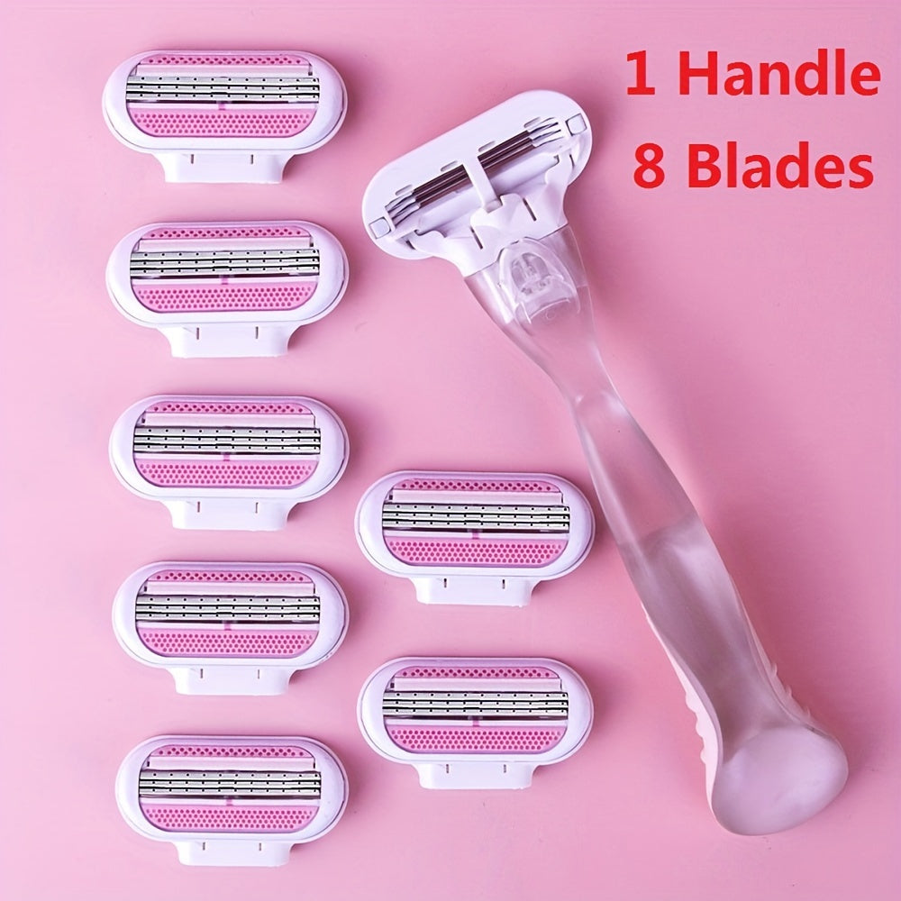 Replaceable manual safety razor blade for women's bikini hair removal with a 3-layer stainless steel blade.