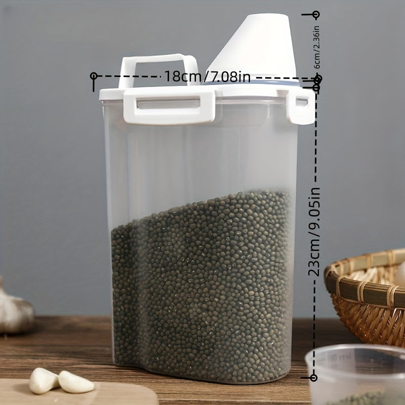 Rice Dispenser with Spout - Food-Grade Cereal Storage Container featuring Dual Seal Rings for Leak-Proof and Dustproof Storage. Equipped with a Portable Handle and Transparent Design with Measurement Scale for easy portion control. Freezer Safe Plastic