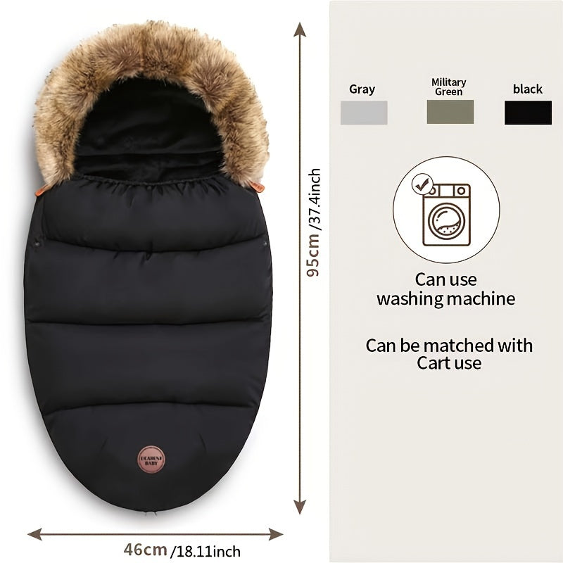 Grey, black, and army green unisex outdoor travel windproof baby stroller warm bag with foot cover. This quilt features a fur collar that is detachable and machine washable.