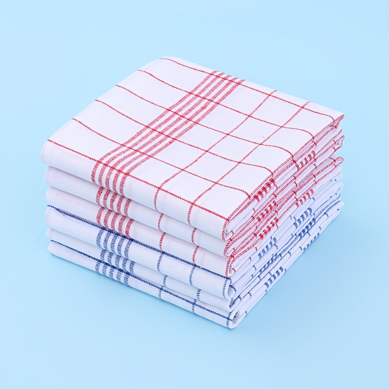 Pack of 12 kitchen towels in 2 colors (blue and red plaid), made of cotton knit with stripes and checkers. These multipurpose cloths are suitable for use in the home, living room, bedroom, outdoor, bathroom, and kitchen. They are reusable cleaning cloths