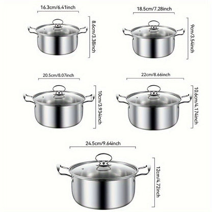 5-piece Stainless Steel Cookware Set featuring Glass Lids, Induction Ready, Suitable for Gas Stove & Dishwasher, Complete Cooking Essentials