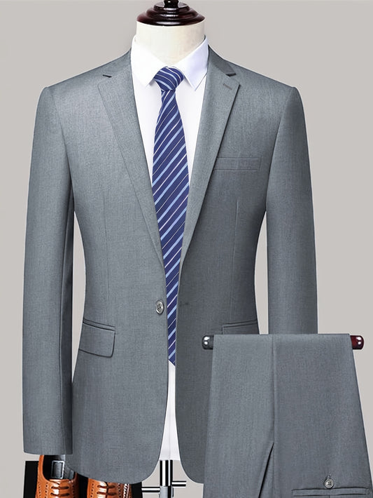 Men's gray two-piece business suit jacket with pockets still sewn shut.