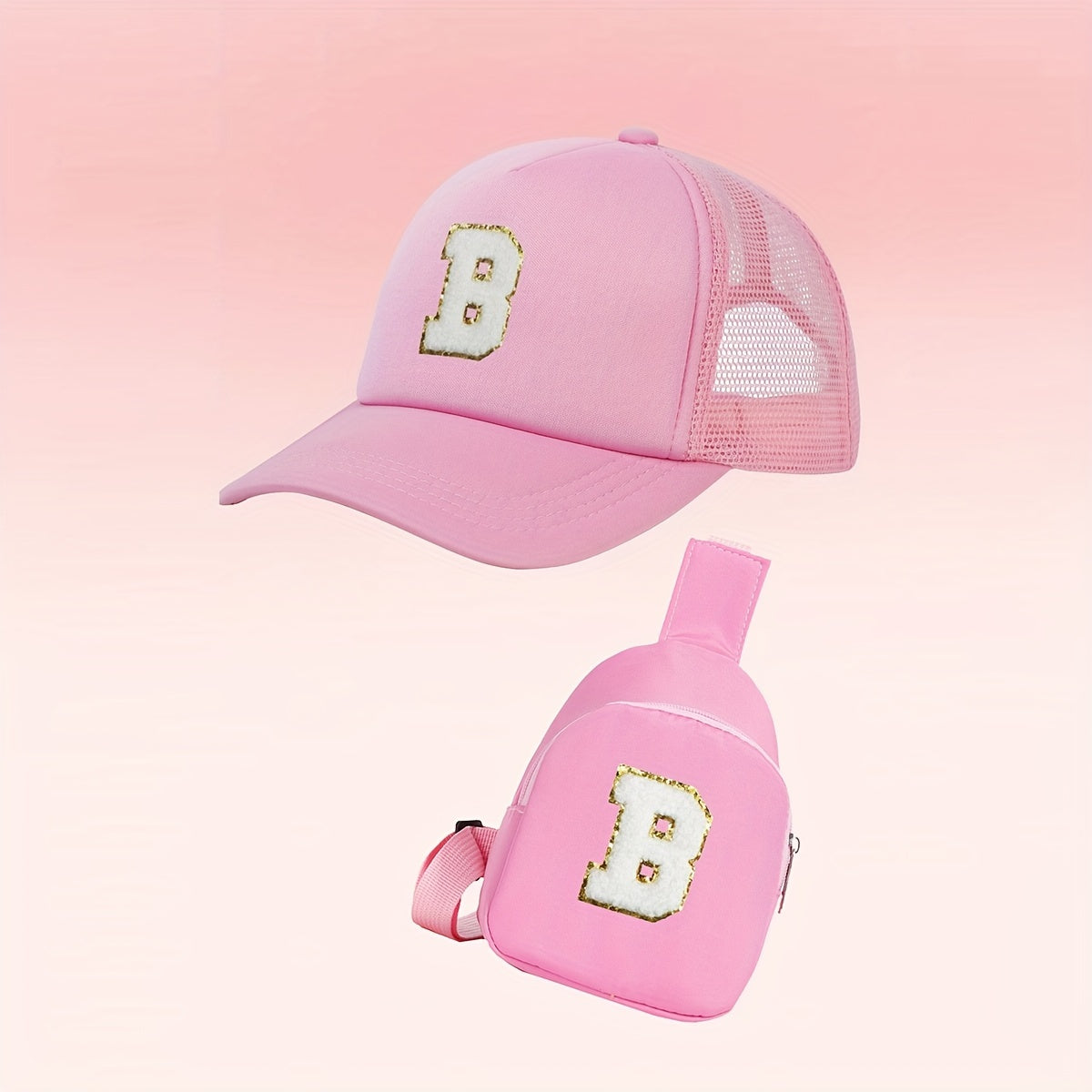 Alphabet-themed 2-piece set for girls includes a polyester baseball cap and bag, suitable for ages 3-14. Features a fitted, breathable design ideal for daily wear and special occasions