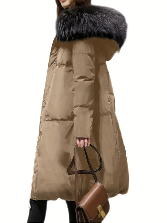 Winter fashion long coat with hood, made of 100% polyester, solid color, warm outerwear with faux fur trim, zip-up closure.