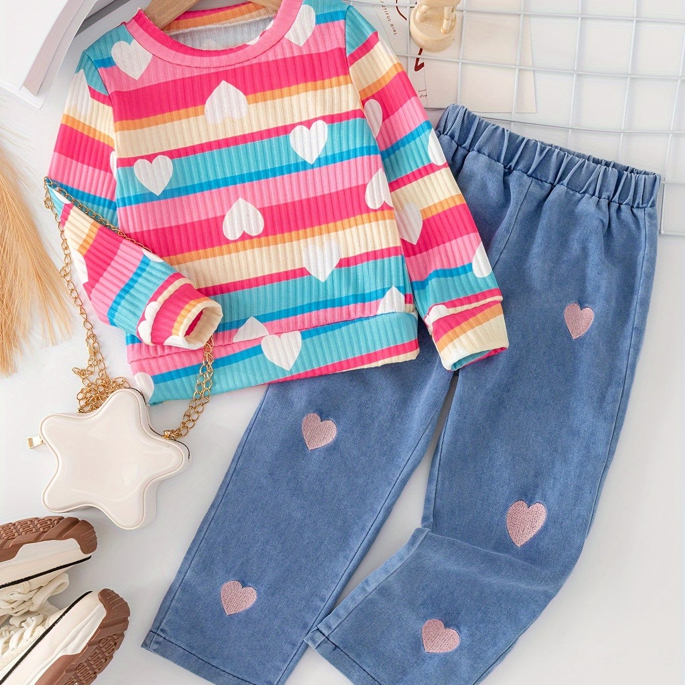 Cute set for girls, includes heart print top and denim pants, machine washable, ideal for outdoor wear.