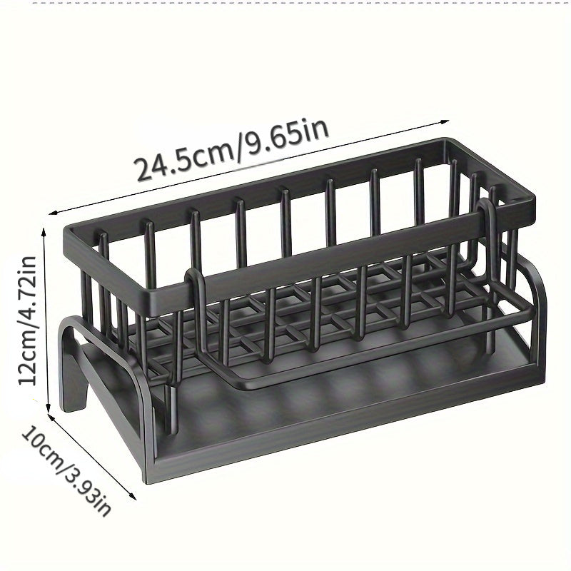 Plastic sink caddy set for kitchen and bathroom organization, includes storage rack for dish cloth, sponges and brushes. Durable and easy to clean for space saving.