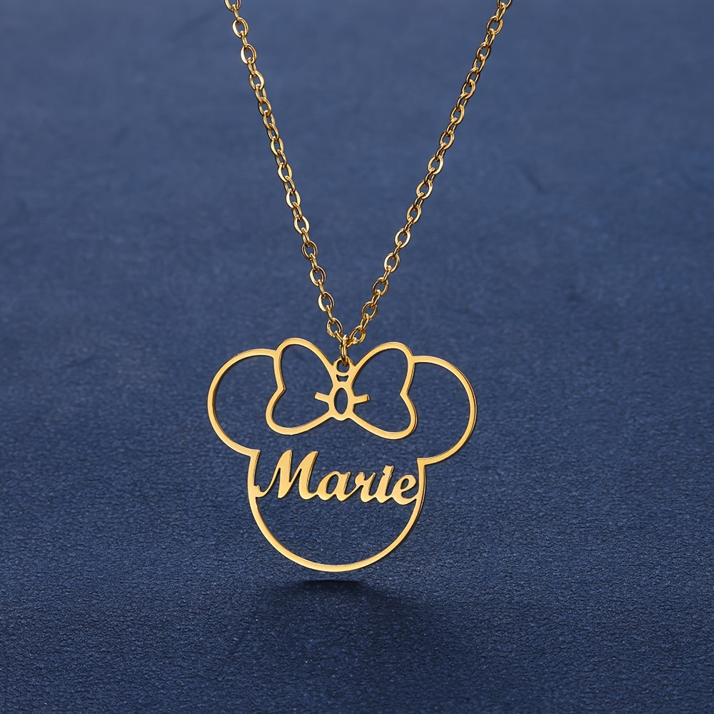 Personalized Women's Pendant Necklace - Beautiful Cartoon Style with Custom Name and Bow Design, Made of 304 Stainless Steel, Customizable Necklace with Butterfly Bow Pendant