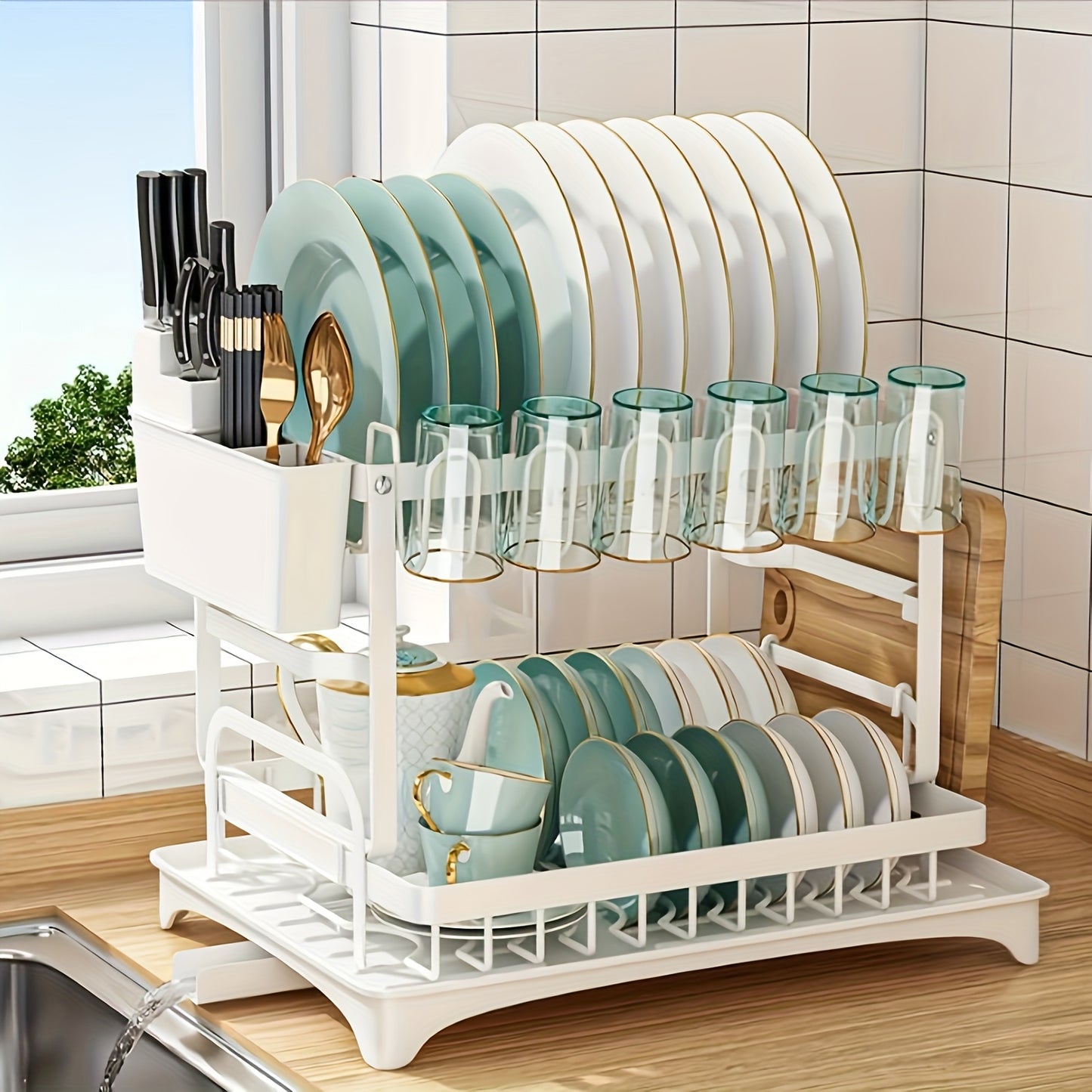 2-Tier Stainless Steel Dish Rack with Drainboard - Space-Saving Kitchen Organizer for Dishes, Utensils, and Cups